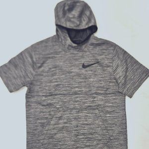 NIKE SHORT SLEEVE BASKETBALL HOODIE DRI FIT HEATHER GREY BLACK EUC LARGE